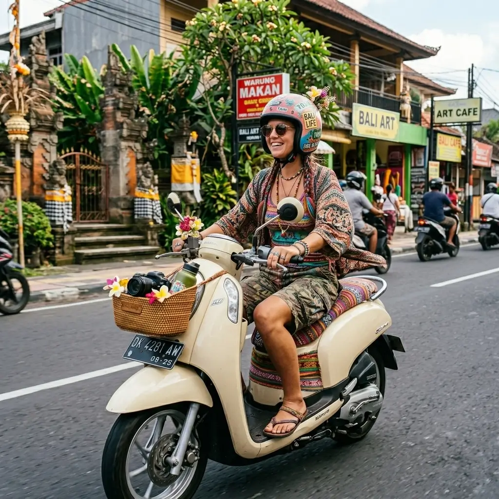 Illustrasi Turis menggunakan motor saat liburan di Bali