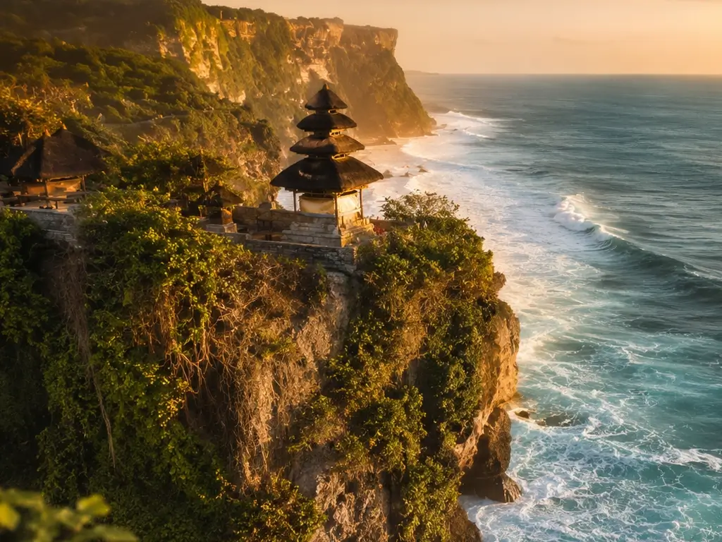 Pura Uluwatu Bali di atas tebing dengan pemandangan laut dan sunset