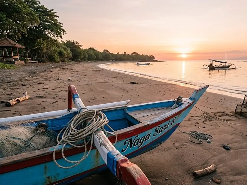 Pemandangan pagi hari di pantai sanur, yang menjadi destinasi wisata terbaik di bali