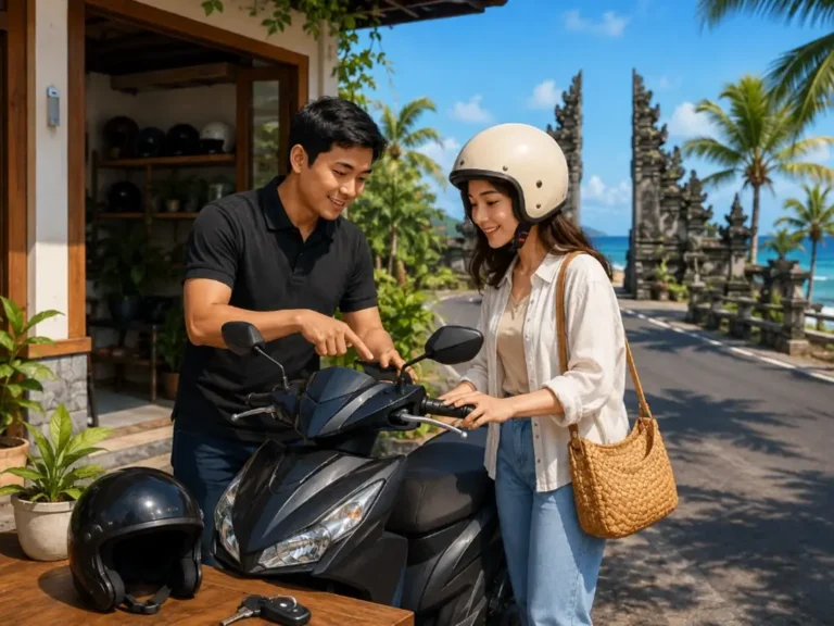 Ilustrasi wisatawan mengecek motor rental di Bali sebelum digunakan untuk liburan yang aman dan nyaman