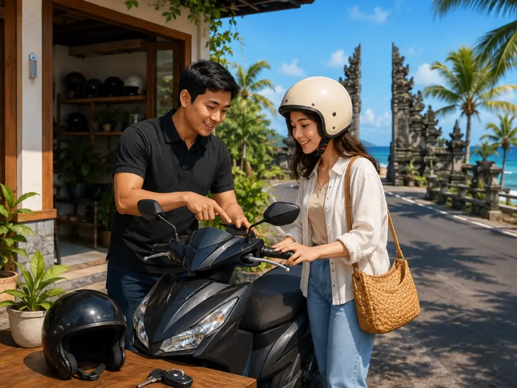 Ilustrasi wisatawan mengecek motor rental di Bali sebelum digunakan untuk liburan yang aman dan nyaman