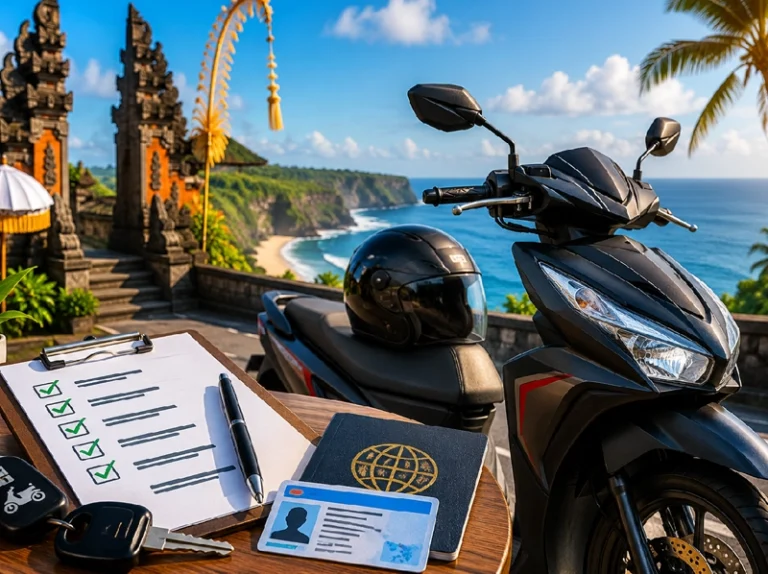 Ilustrasi thumbnail artikel tentang syarat sewa motor di Bali, menampilkan motor matic rental di area penginapan tropis Bali dengan suasana cerah, helm di jok motor, ponsel untuk pengecekan booking, dan nuansa liburan yang aman tanpa tambahan teks pada gambar.