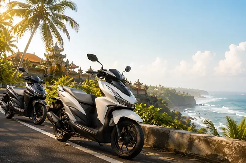 Dua sepeda motor matic di jalan pesisir Bali dengan latar pura, pohon kelapa, dan pemandangan laut