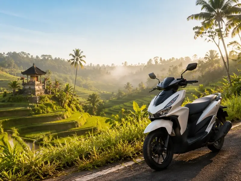 Gambar menampilkan sepeda motor matic yang terparkir di tepi jalan dengan latar sawah terasering, pepohonan tropis, dan suasana pagi di Bali. Visual ini cocok untuk mendukung pembahasan tentang pilihan motor sewaan untuk rute Ubud, area pedesaan, dan perjalanan jarak menengah selama liburan.