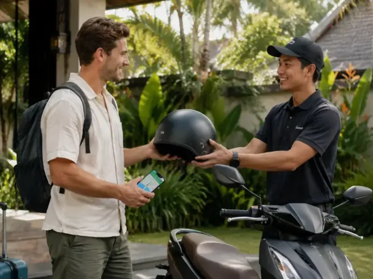 Wisatawan menerima helm dan motor sewaan di area vila Bali dengan bantuan peta digital