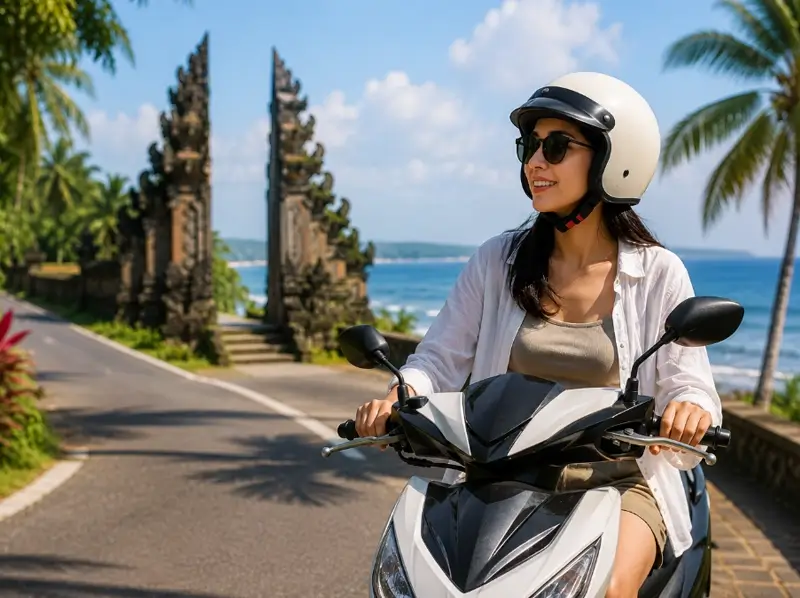Sewa motor bulanan Bali untuk liburan long stay dengan skuter di jalan tropis dekat pantai